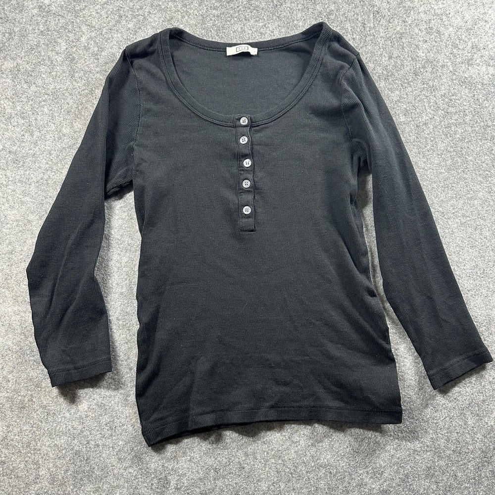 AYR High Roller Henley Womens Large Black Ribbed Pima Cotton Long Sleeve Shirt